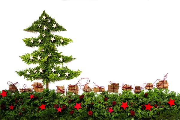 Árvore de Natal, Estrelas de Prata e Vermelha, Ramo de Abeto, Espaço de Cópia — Fotografia de Stock