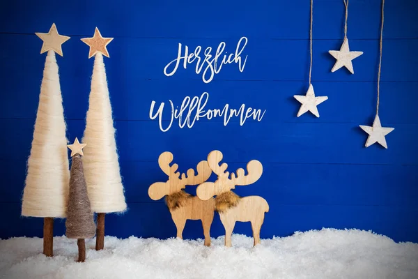 圣诞树、麋鹿、雪、星辰、 Herzlich Willkommen表示欢迎 — 图库照片