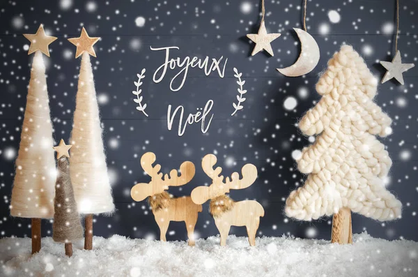 Tre, elg, måne, stjerner, snø, neol betyr god jul, snøfnugg – stockfoto
