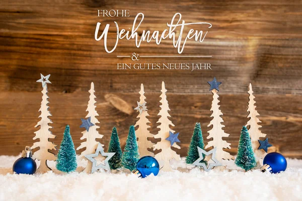 Albero, neve, stella blu, palla, Gutes Neues significa felice anno nuovo, sfondo di legno — Foto Stock