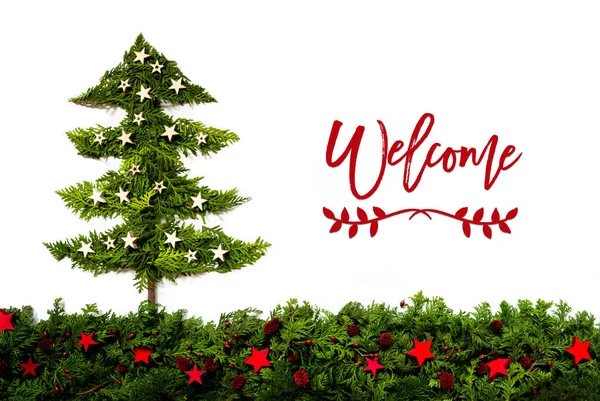 Julgran gjord av Fir Branch, Text Välkommen — Stockfoto