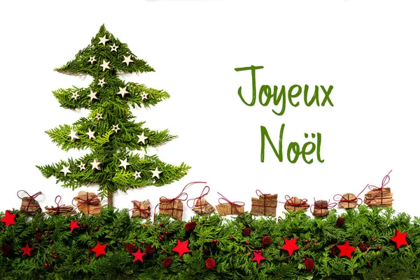 Strom, Stříbro a červené hvězdy, jedle větev, Joyeux Noel znamená Veselé Vánoce — Stock fotografie