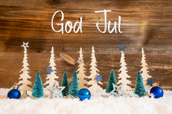 Tree, Snow, Blue Star, Ball, God Jul Means Merry Christmas, Wooden Background — 스톡 사진