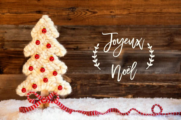 Tessuto Albero di Natale, palla, neve, Joyeux Noel significa Buon Natale — Foto Stock