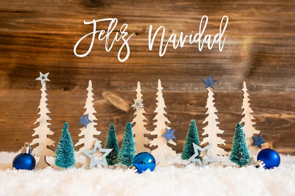 Дерево, снег, голубая звезда, Фелис Навидад означает С Рождеством, Деревянный фон — стоковое фото
