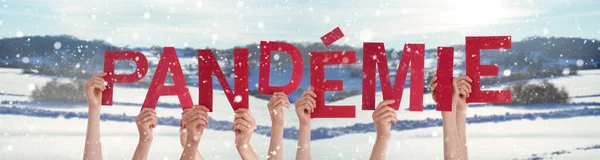 People Hands Holding Word Pandemie Means Pandemic, Snowy Winter Background — Stock Photo, Image