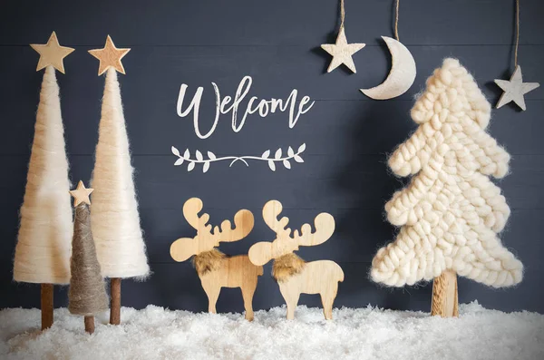 圣诞树，麋鹿，月亮，星星，雪，文字欢迎 — 图库照片