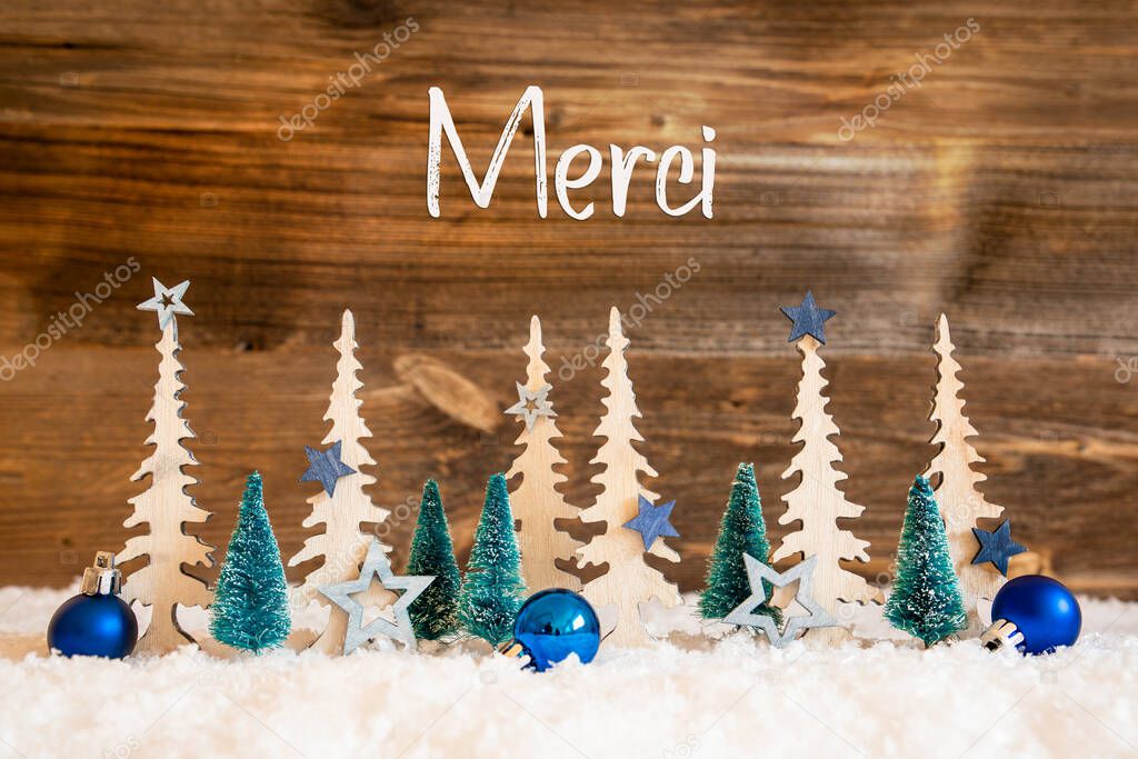 Christmas Tree, Snow, Blue Star, Ball, Merci Means Thank You, Wooden Background
