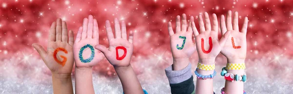 Crianças Mãos Deus Jul significa Feliz Natal, Fundo de Natal Vermelho — Fotografia de Stock