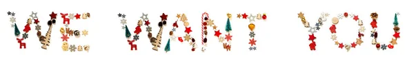 Barevné vánoční dekorace dopis stavební slovo chceme vás — Stock fotografie