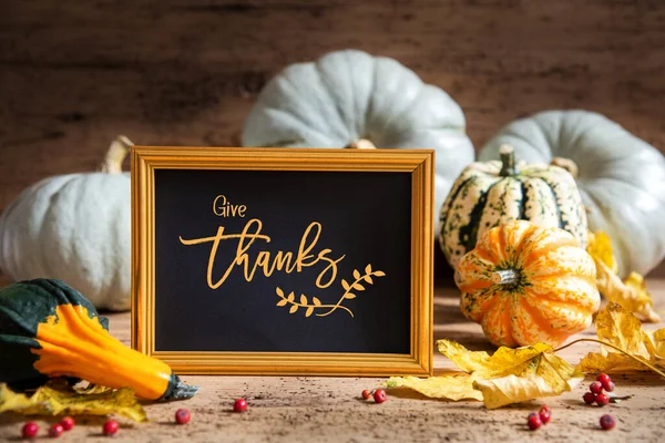 Autumn Pumpkin Decoration English Text Give Thanks Wooden Background Corlorful — Stock Photo, Image