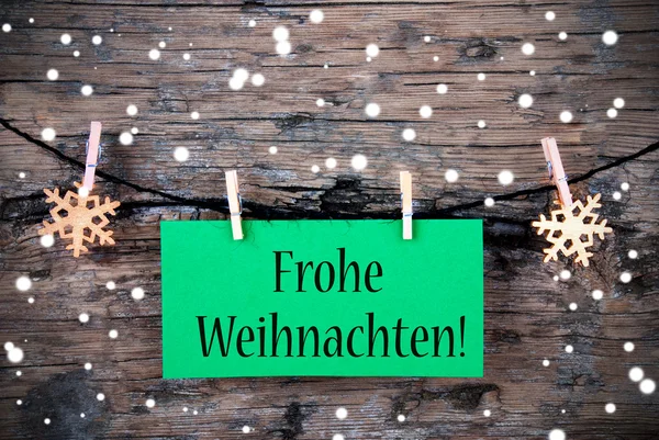 Etiqueta con Frohe Weihnachten, Fondo cubierto de nieve — Foto de Stock