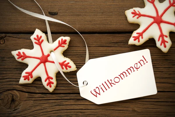 Christmas Star Cookies med Willkommen Label - Stock-foto