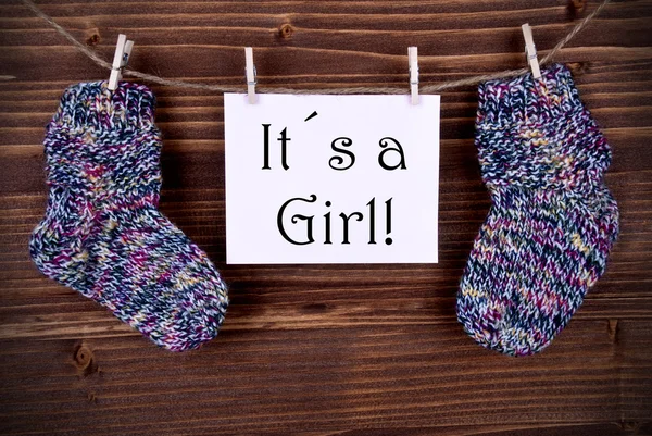 Pembe bebek çorap ve Its A etiket kız — Stok fotoğraf