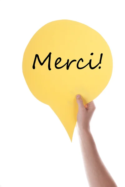 Palloncino di discorso giallo con Merci — Foto Stock