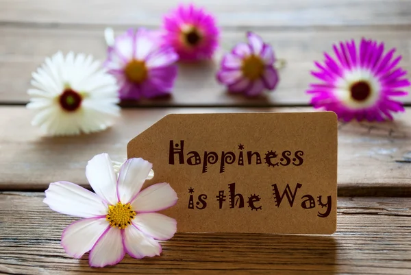 Label With Life Quote Happiness Is The Way With Cosmea Blossoms — Stock Photo, Image