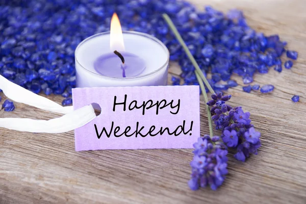 Purple Label With Text Happy Weekend And Lavender Blossoms — Stock Photo, Image