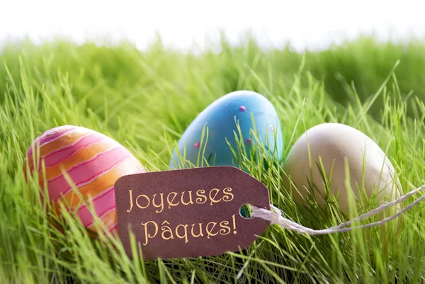 Feliz Pascua de fondo con coloridos huevos y etiqueta con texto francés Joyeuses Paques — Foto de Stock