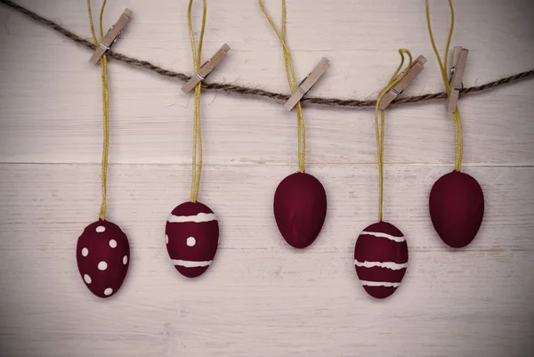 Five Red Easter Eggs Hanging On Line With Frame — Stock Photo, Image