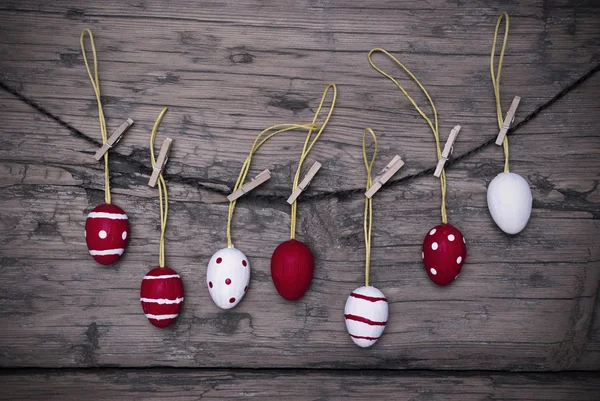 Many Red And White Easter Eggs Hanging On Line  With Frame — Stock Photo, Image