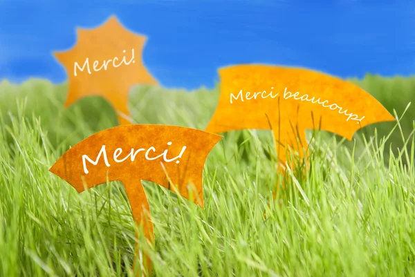 Trois étiquettes avec merci français ce qui signifie merci et ciel bleu — Photo