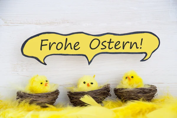 Kuikens en veren met komische Speech ballon Duitse Frohe Ostern middelen vrolijk Pasen — Stockfoto