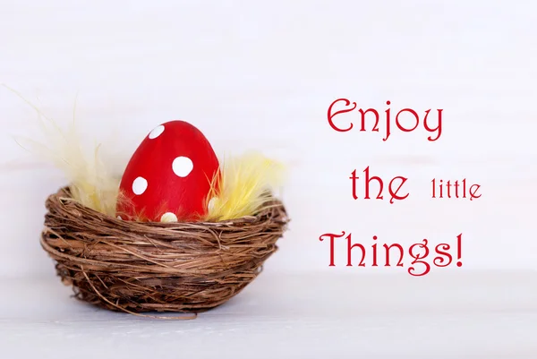Одне червоне великоднє яйце в гнізді з життєвою цитатою Насолоджуйтесь маленькими речами — стокове фото