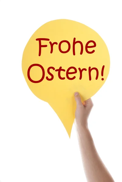 Gele Speech ballon met Duitse Frohe Ostern betekent vrolijk Pasen — Stockfoto