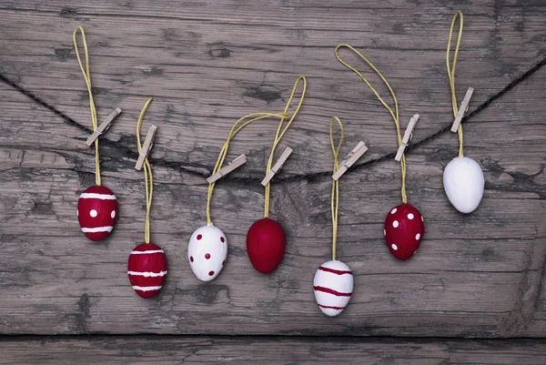 Many Red And White Easter Eggs Hanging On Line — Stock Photo, Image