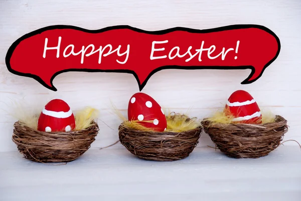 Komik konuşma balon mutlu Paskalya ile üç kırmızı Paskalya yumurtaları — Stok fotoğraf