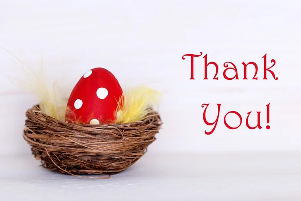 Jedna červená velikonoční vejce v hnízdě s Děkuji — Stock fotografie
