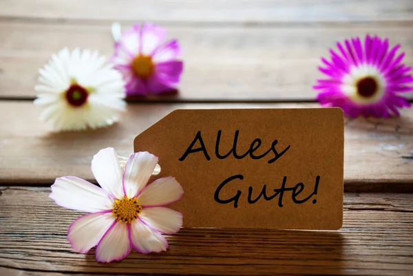 Etikett med tysk Text Alles Gute med Cosmea blommor — Stockfoto