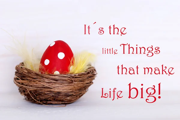 Een rode Easter Egg In Nest met leven citeer weinig dingen maken leven grote — Stockfoto