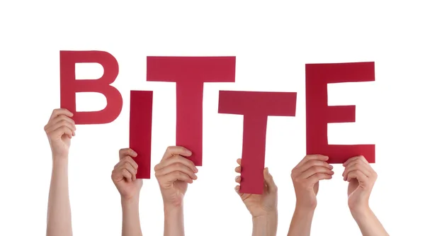 People Holding Red German Word Bitte Means Please — Stock Photo, Image