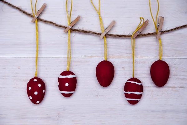 Five Red Easter Eggs Hanging On Line — Stock Photo, Image