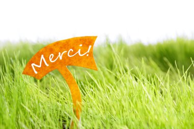 Fransız Merci ile hangi anlamına gelir teşekkürler yeşil çimenlerin üzerinde etiket