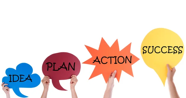 Four Speech Balloons With Idea Plan Action Success — Stock Photo, Image