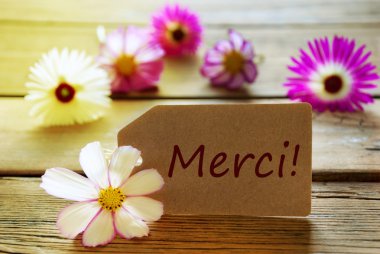 Fransızca metin Merci Cosmea çiçekleri ile güneşli etiketle