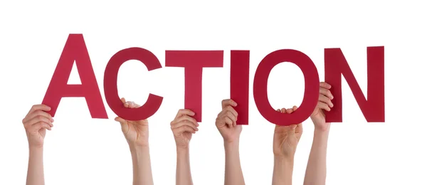 Many People Hands Holding Red Straight Word Action — Stock Photo, Image