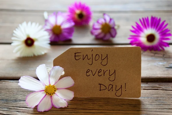 Label With Life Quote Enjoy Every Day With Cosmea Blossoms — Stock Photo, Image