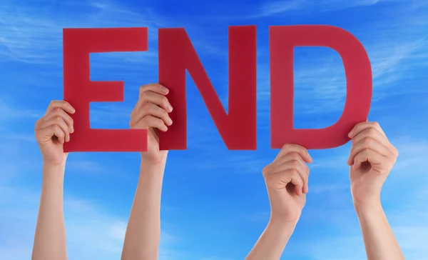 Many People Hands Holding Red Straight Word End Blue Sky — Stock Photo, Image