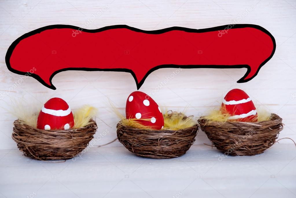 Three Red Easter Eggs With Comic Speech Balloon With Copy Space