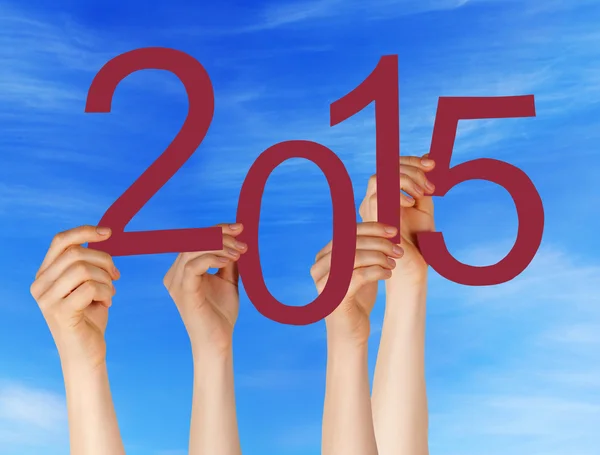 Many People Hands Holding Red Word 2015 Blue Sky — Stock Photo, Image