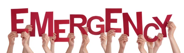 Veel mensen handen met rode Word Emergency — Stockfoto