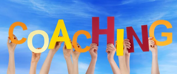 Many People Hands Holding Colorful Word Coaching Blue Sky — Stock Photo, Image