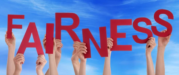 Many People Hands Holding Red Word Fairness Blue Sky — Stock Photo, Image