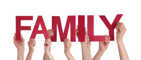 Sok ember kezét piros egyenes szó családi gazdaság — Stock Fotó
