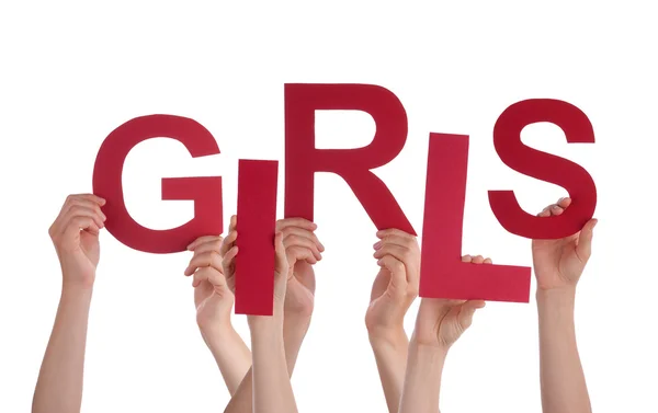 Viele Menschen Hände halten rote Wort Mädchen — Stockfoto