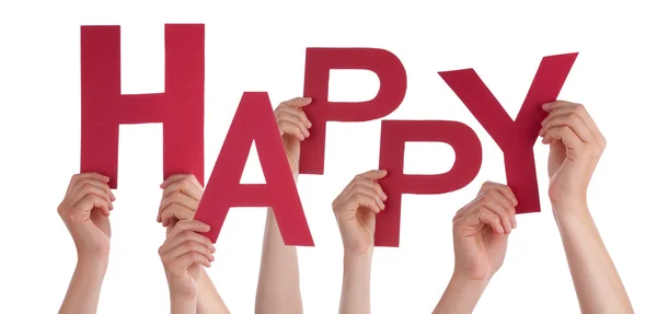 Molte persone mani in possesso di parola rossa felice — Foto Stock