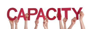 Many People Hands Holding Red Straight Word Capacity clipart